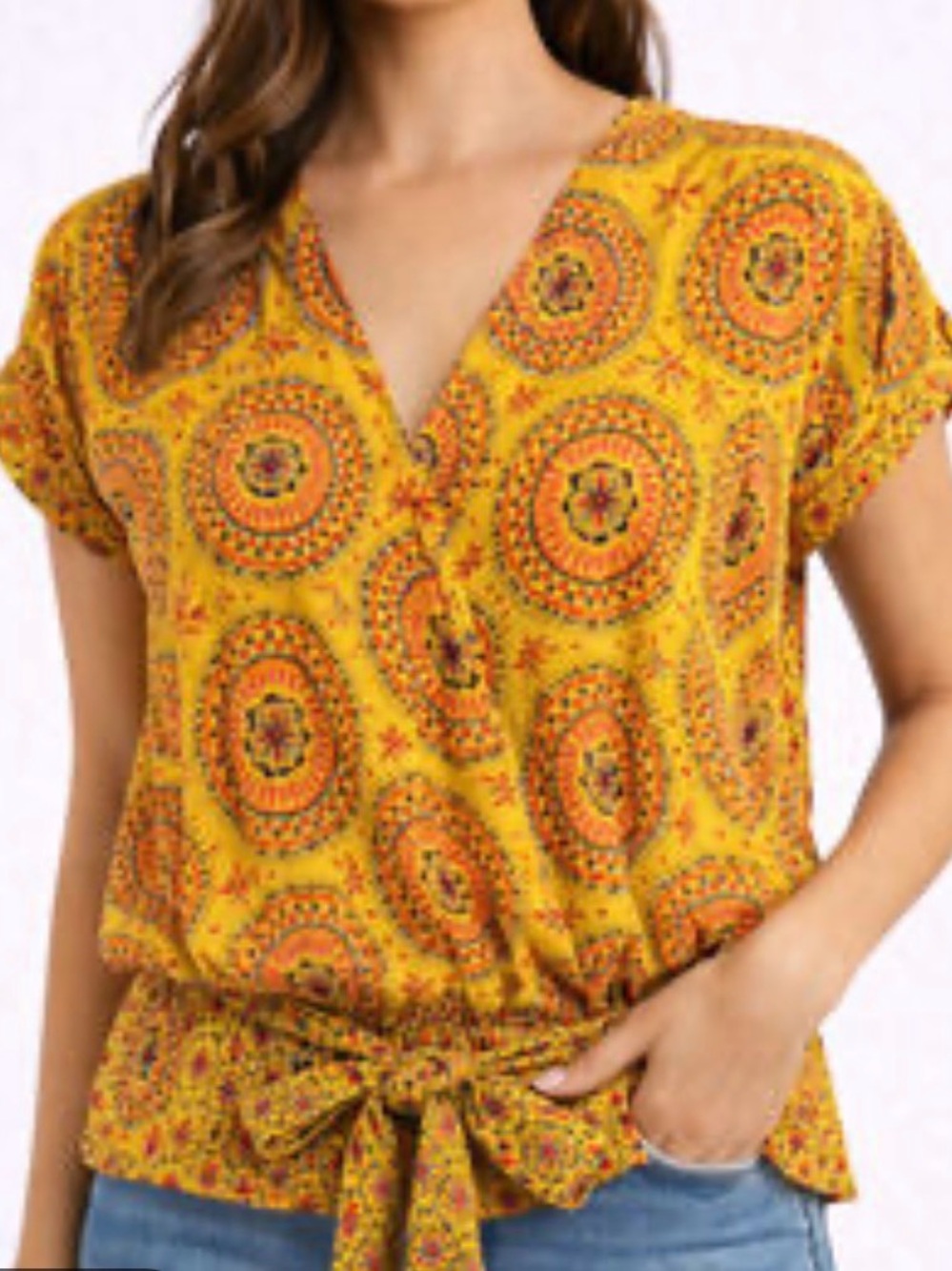Maeve Yellow Printed V-Neck Tie-Waist Blouse Boho Wrap